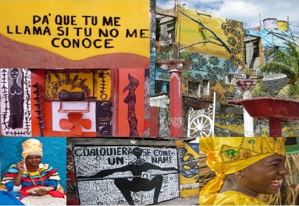 Colorful collage of Afro-Cuban street art, murals, traditional clothing, and cultural expressions.